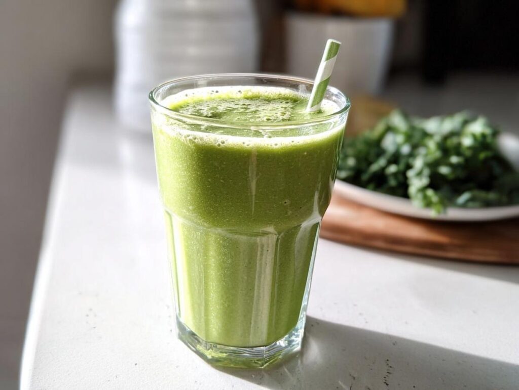 A tall glass filled with a vibrant green smoothie, featuring a striped straw, ready to drink.