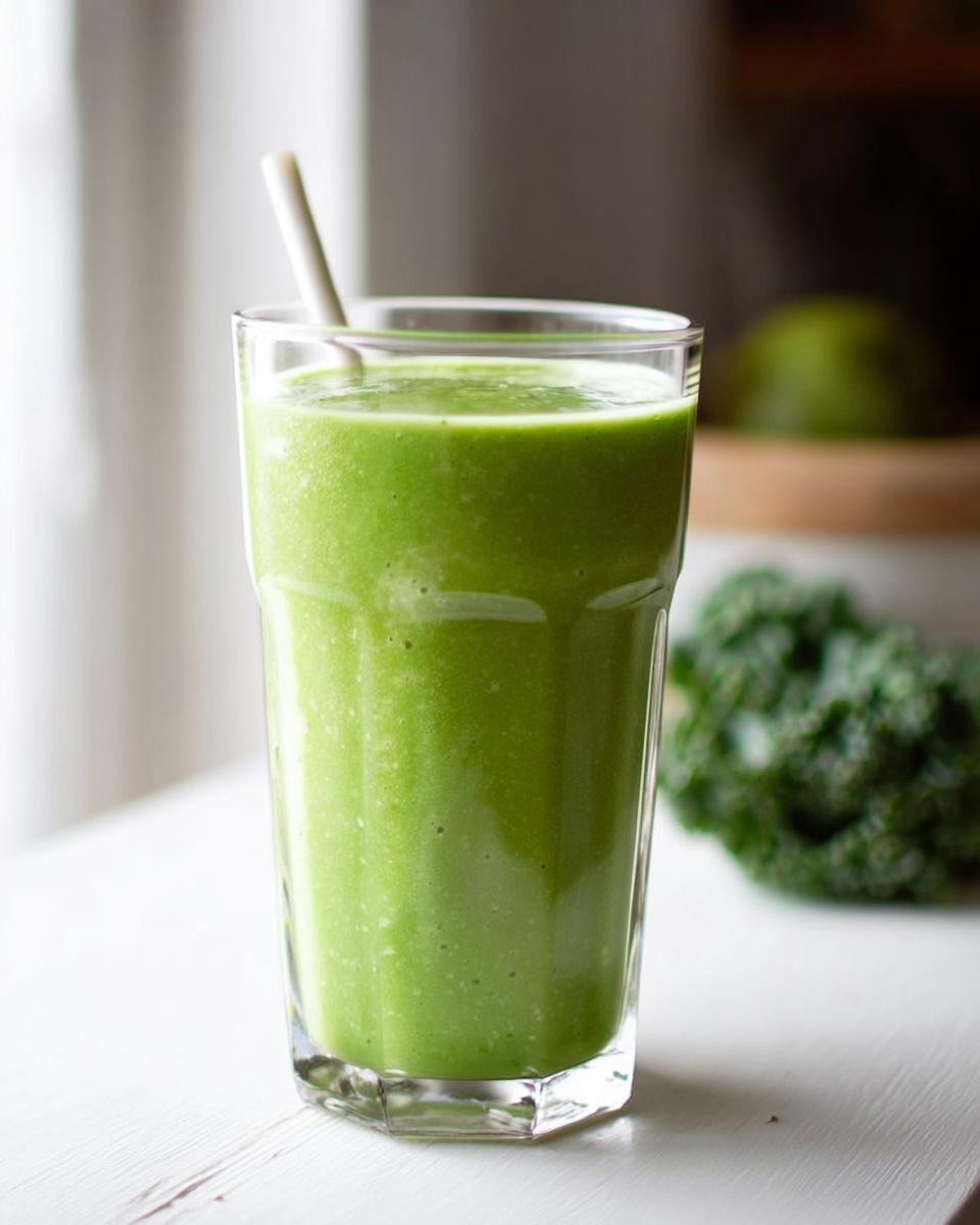 A tall glass filled with a vibrant, thick Tropical Green Smoothie (Kale & Spinach), with a straw inserted.