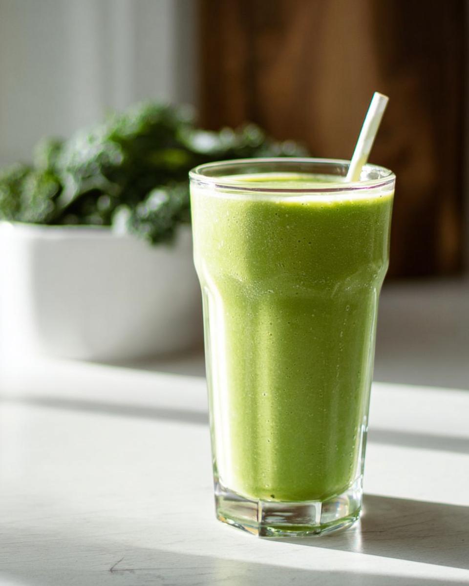 A tall glass filled with a vibrant Tropical Green Smoothie (Kale & Spinach), with a straw, sitting on a bright white surface.