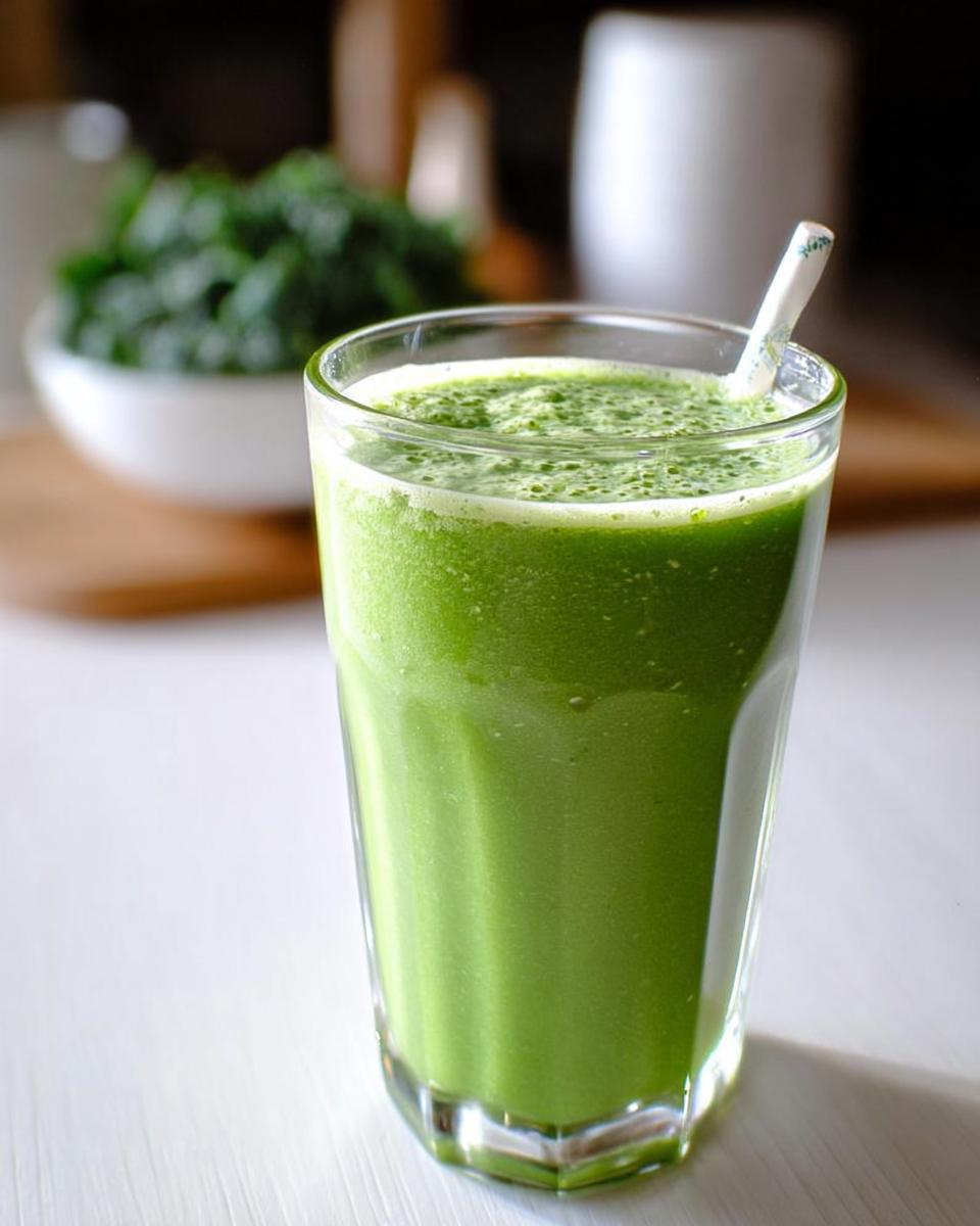 Close-up of a tall glass filled with a vibrant green Tropical Green Smoothie (Kale & Spinach) with a straw.