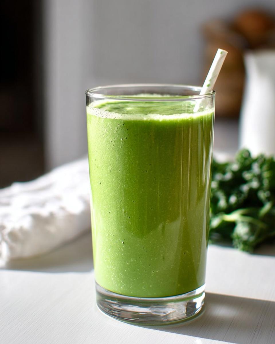 A tall glass filled with a vibrant Tropical Green Smoothie (Kale & Spinach), ready to drink with a straw.