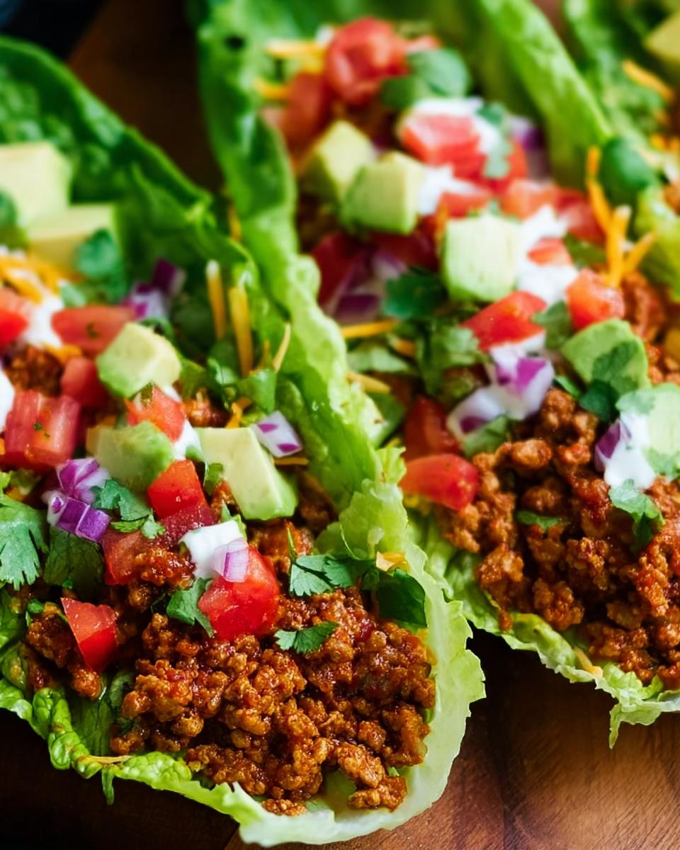 Two fresh Turkey Taco Lettuce Wraps filled with seasoned ground turkey, topped with diced avocado, tomato, onion, and sour cream.