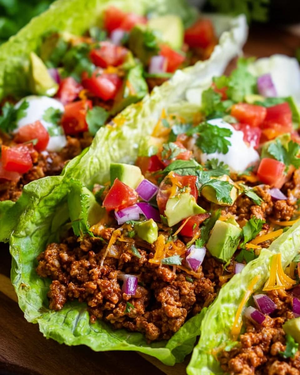 Close-up of two Turkey Taco Lettuce Wraps filled with seasoned ground turkey, topped with avocado, tomato, onion, and sour cream.