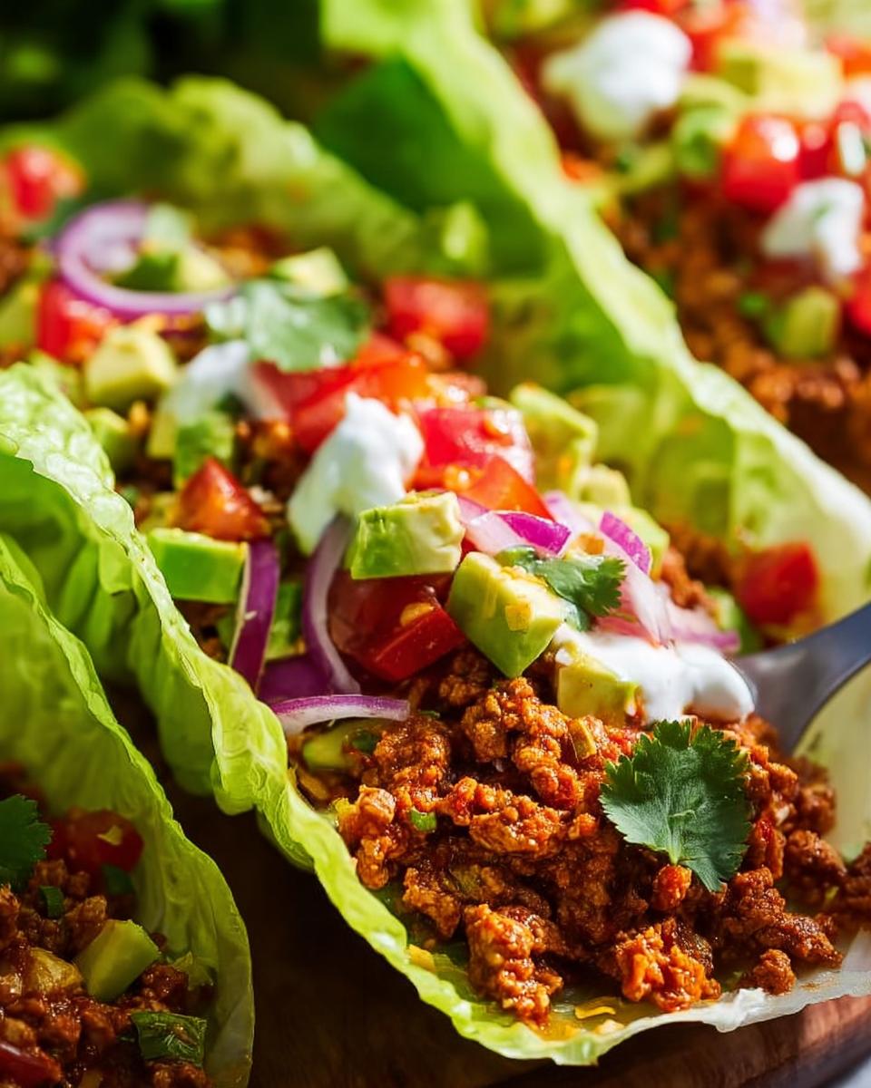 Close-up of seasoned ground turkey filling inside crisp lettuce cups for Turkey Taco Lettuce Wraps, topped with avocado and onion.