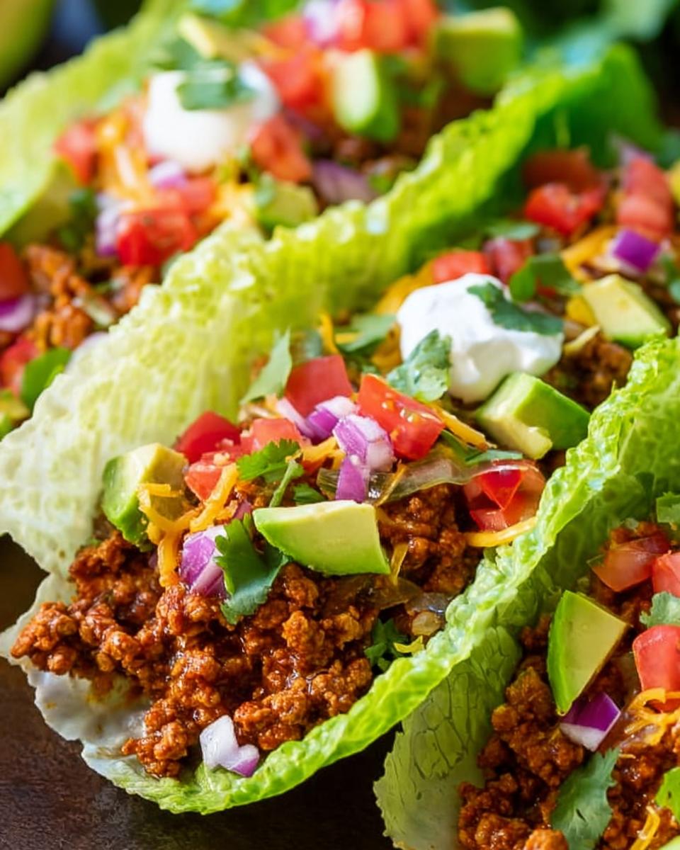 Close-up of delicious Turkey Taco Lettuce Wraps filled with seasoned ground turkey and topped with avocado, tomato, onion, and sour cream.