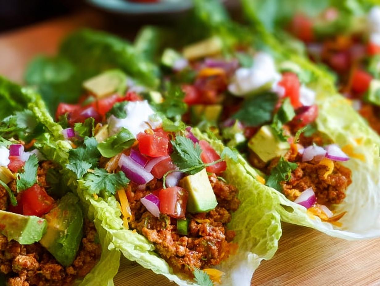 Close-up of several Turkey Taco Lettuce Wraps filled with seasoned ground turkey and topped with avocado, tomato, onion, and sour cream.