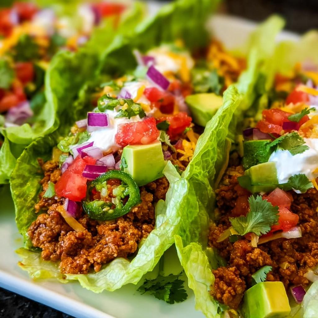 Close-up of several fresh Turkey Taco Lettuce Wraps filled with seasoned ground turkey and topped with avocado, tomato, onion, and sour cream.