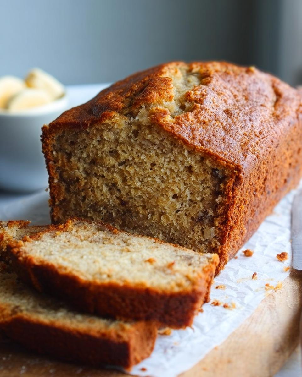 A close-up of a freshly baked Ultimate Banana Bread loaf, with two slices cut and stacked in front.