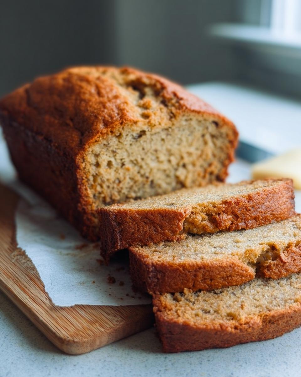 Close-up of three moist slices of Ultimate Banana Bread on a wooden cutting board.