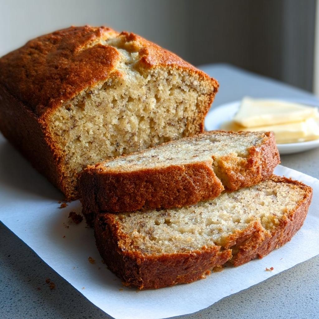 Close-up of two moist slices of banana bread with a whole loaf in the background and butter on a small plate.