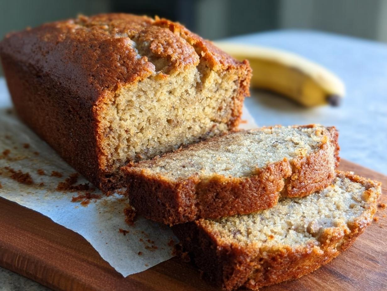 Close-up of moist banana bread slices on a wooden board, with a whole banana blurred in the background.