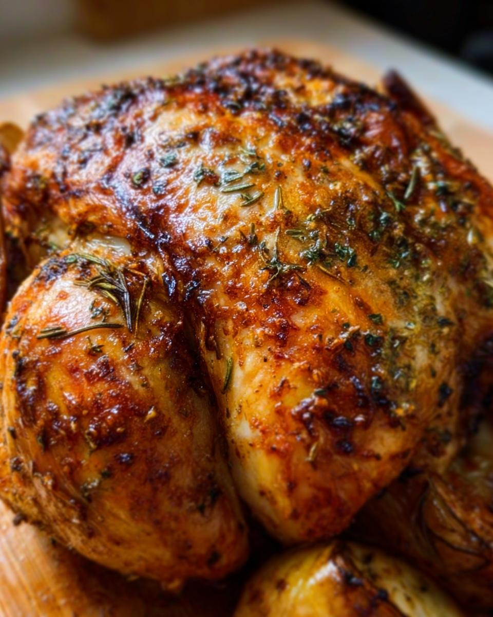 Close-up of a perfectly roasted, golden-brown chicken with herbs, ready for serving as part of the Ultimate Chicken Guide.