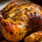 Close-up of a perfectly roasted chicken with crispy golden-brown skin, seasoned with fresh rosemary and herbs.
