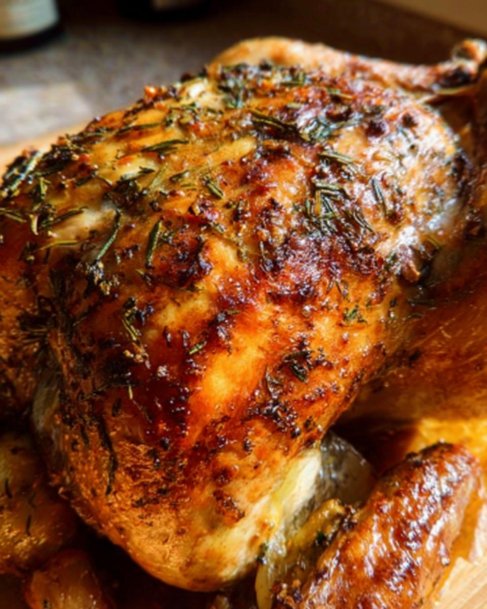 Close-up of a perfectly roasted chicken, golden brown and seasoned with herbs, part of the Ultimate Chicken Guide.