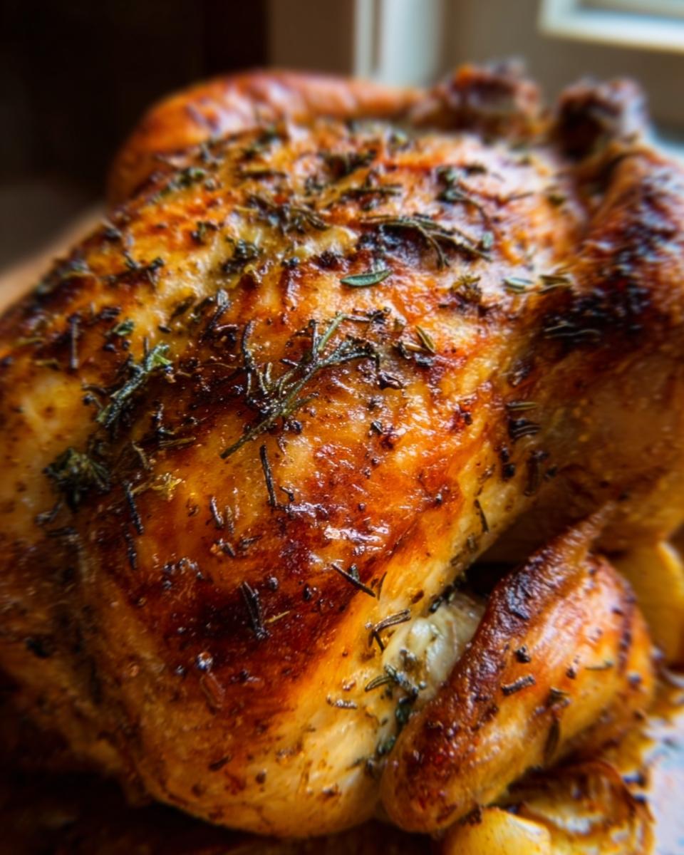 Close-up of a perfectly roasted chicken, golden brown and seasoned with fresh herbs.