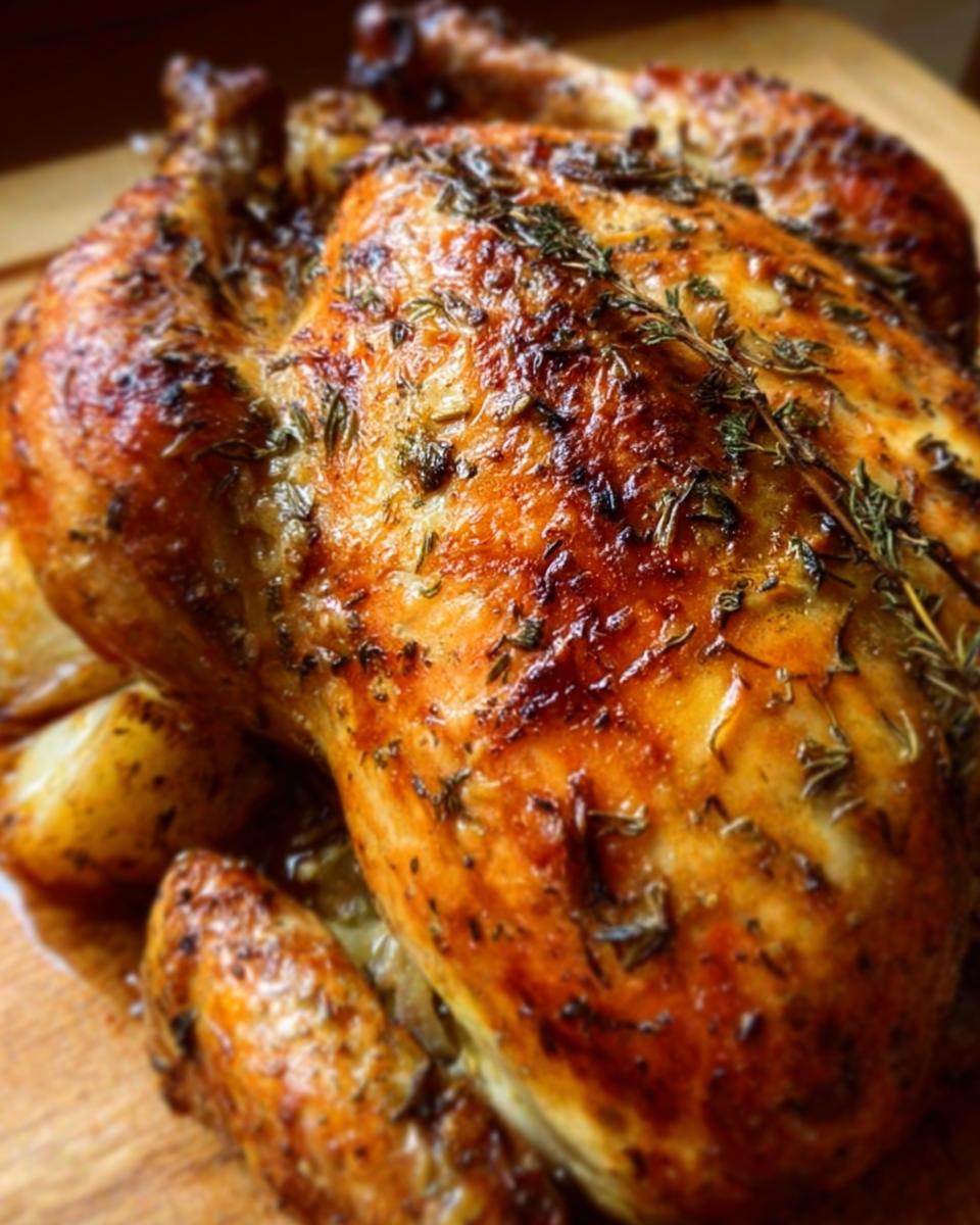 Close-up of a perfectly roasted whole chicken, seasoned with herbs, ready for the Ultimate Chicken Guide.