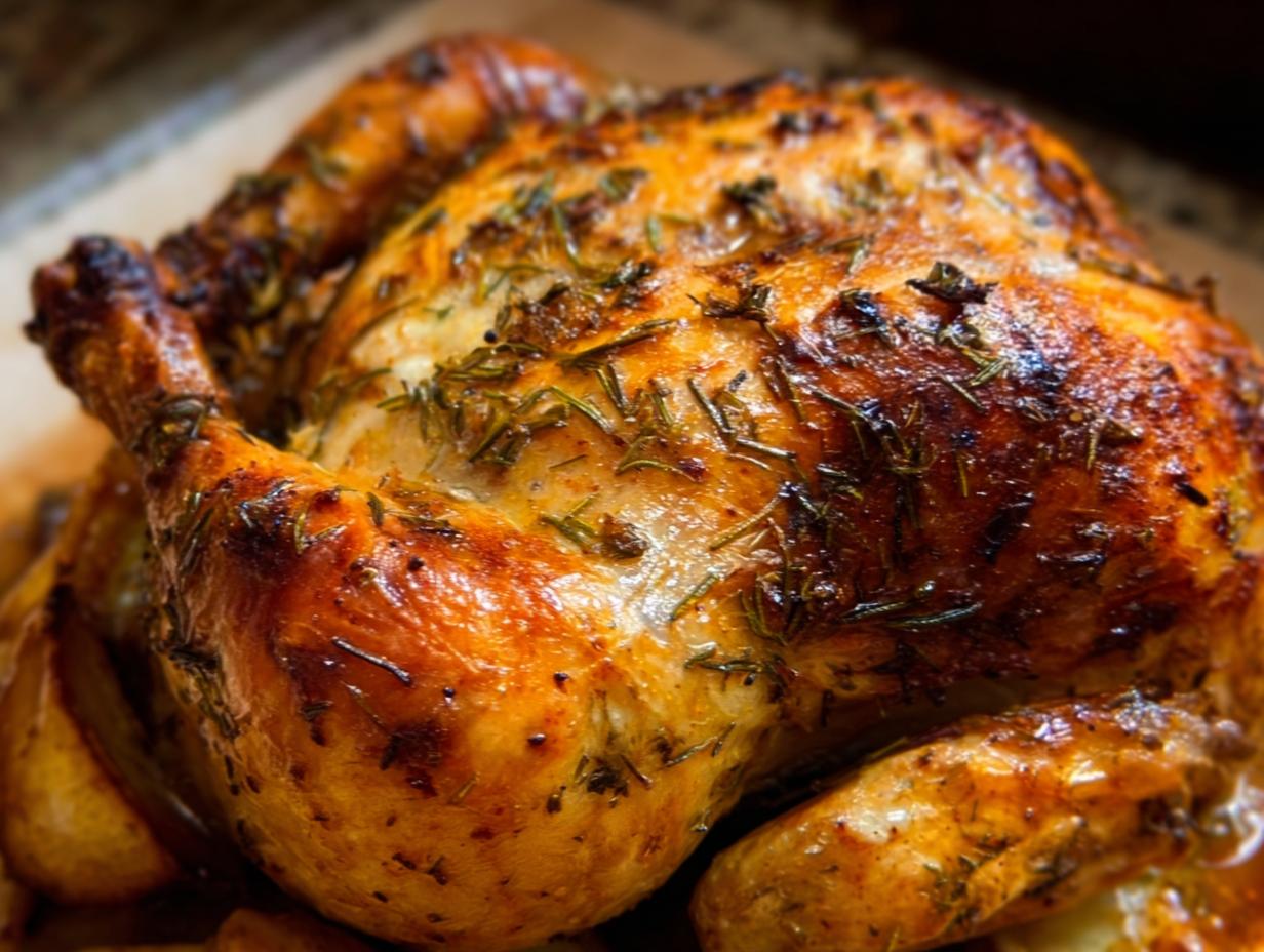 Close-up of a perfectly roasted chicken with crispy golden-brown skin, seasoned with fresh rosemary and herbs.