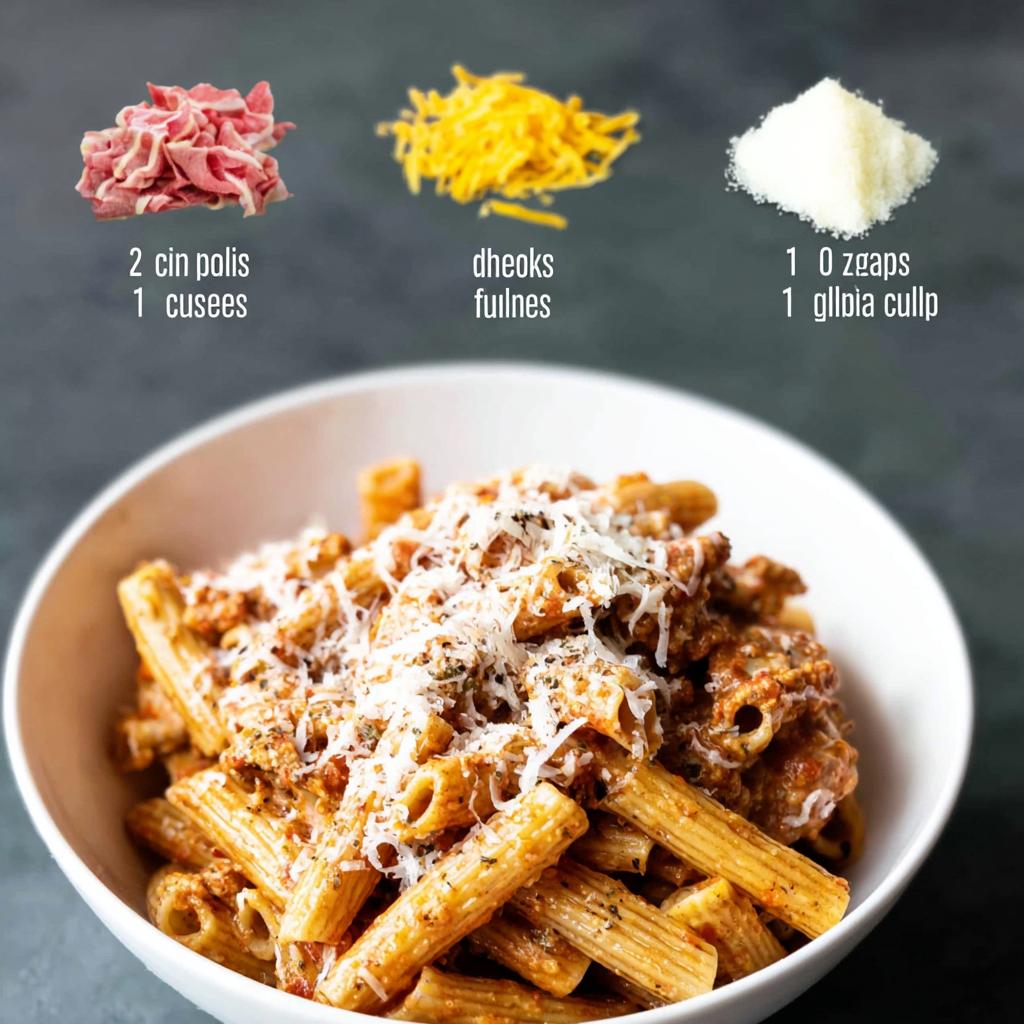 A bowl of rigatoni pasta with meat sauce, topped with grated cheese. Ingredients like sliced meat, shredded cheese, and grated cheese are shown above.