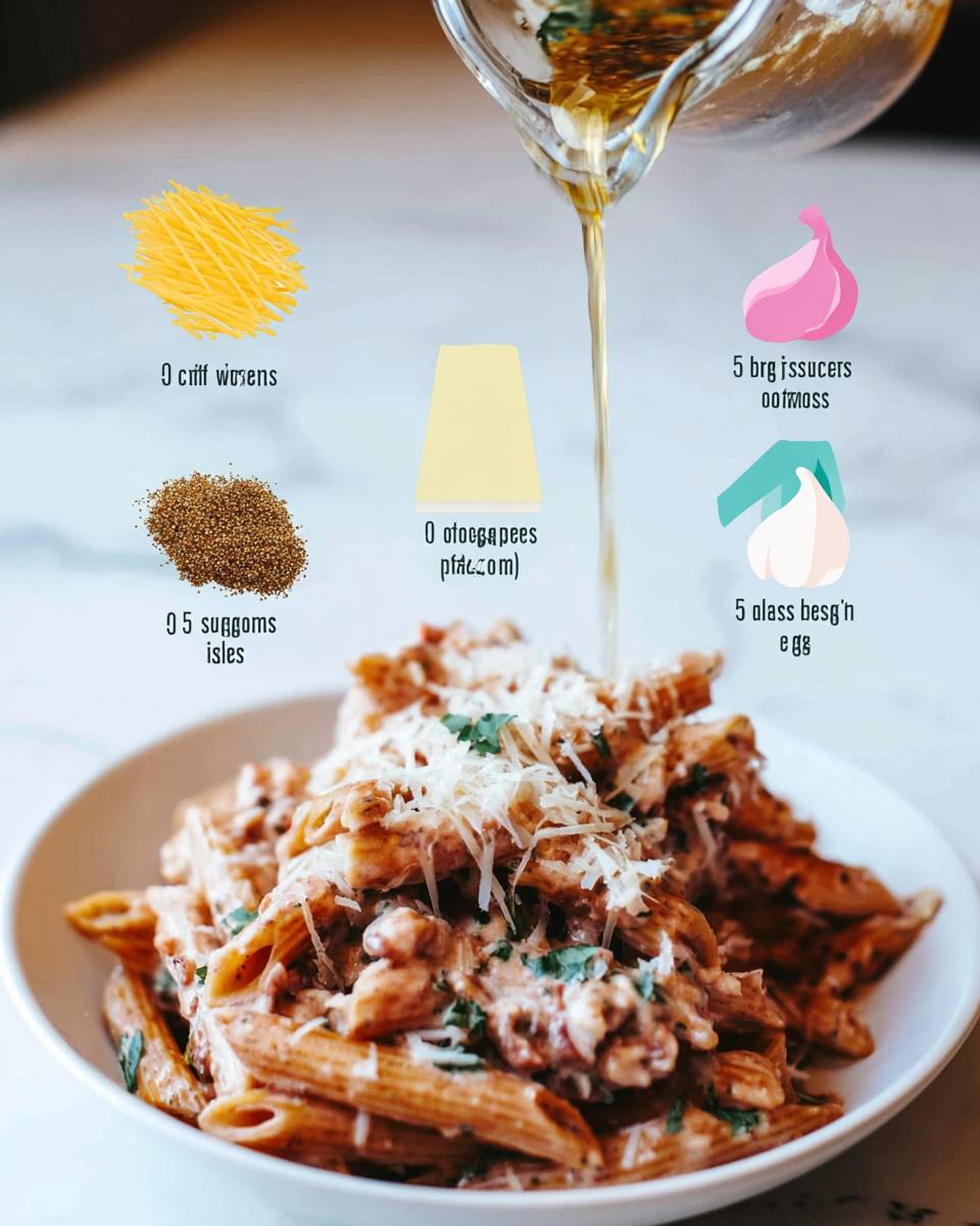 A bowl of penne pasta with a creamy sauce, topped with grated cheese and herbs, with ingredients shown above.