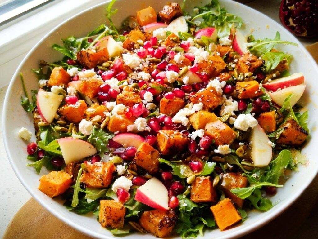 A vibrant Ultimate Thanksgiving Salad featuring roasted butternut squash, apple slices, pomegranate seeds, and feta cheese on a bed of arugula.