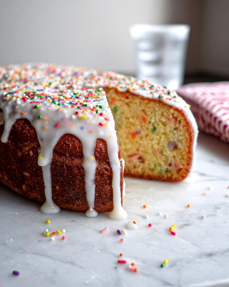 A slice cut from a Vanilla Confetti New Year’s Cake topped with dripping white glaze and colorful sprinkles.