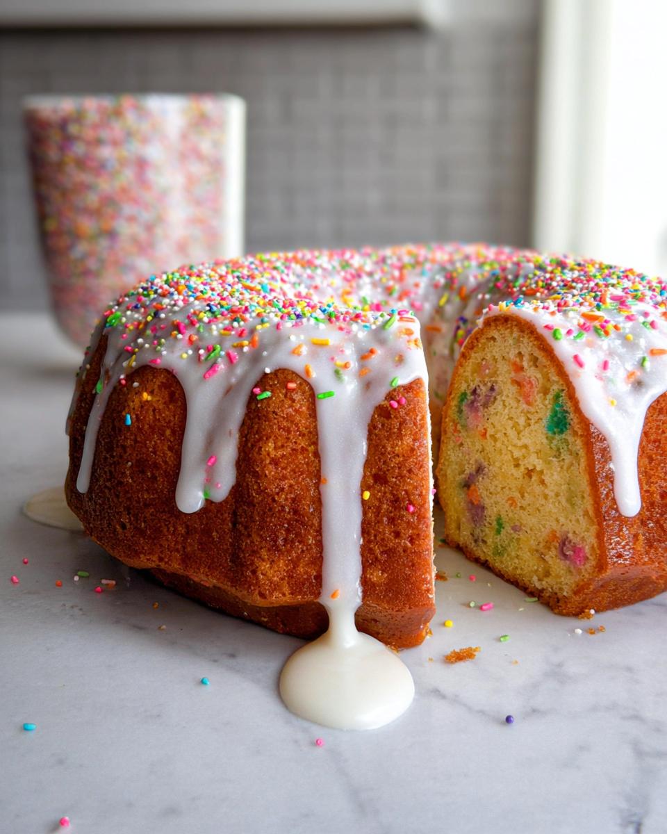 A bundt-style Vanilla Confetti New Year’s Cake with white glaze dripping down and covered in colorful sprinkles.