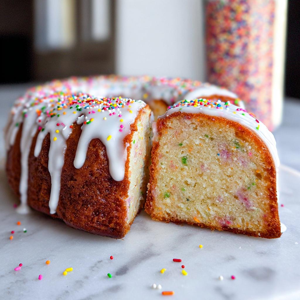 A slice cut from a Vanilla Confetti New Year’s Cake, drizzled with white glaze and colorful sprinkles.