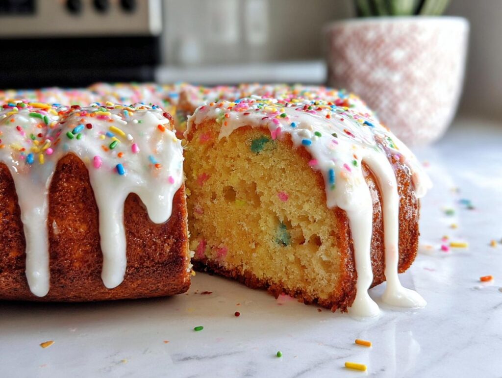 A slice of moist Vanilla Confetti New Year’s Cake with thick white glaze dripping down the sides and colorful sprinkles.