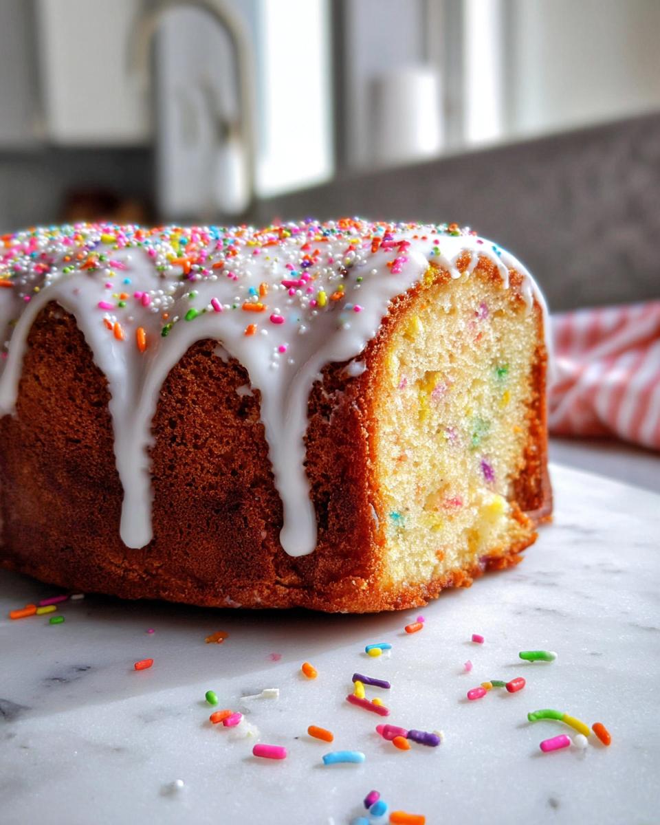 Close-up of a slice of Vanilla Confetti New Year’s Cake topped with white glaze and colorful sprinkles.