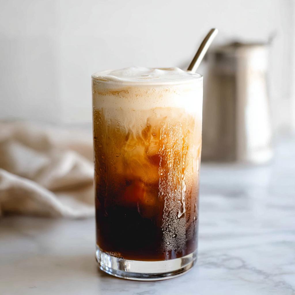 A tall glass filled with Vanilla Sweet Cream Cold Foam Cold Brew, showing layers of dark coffee and creamy foam.