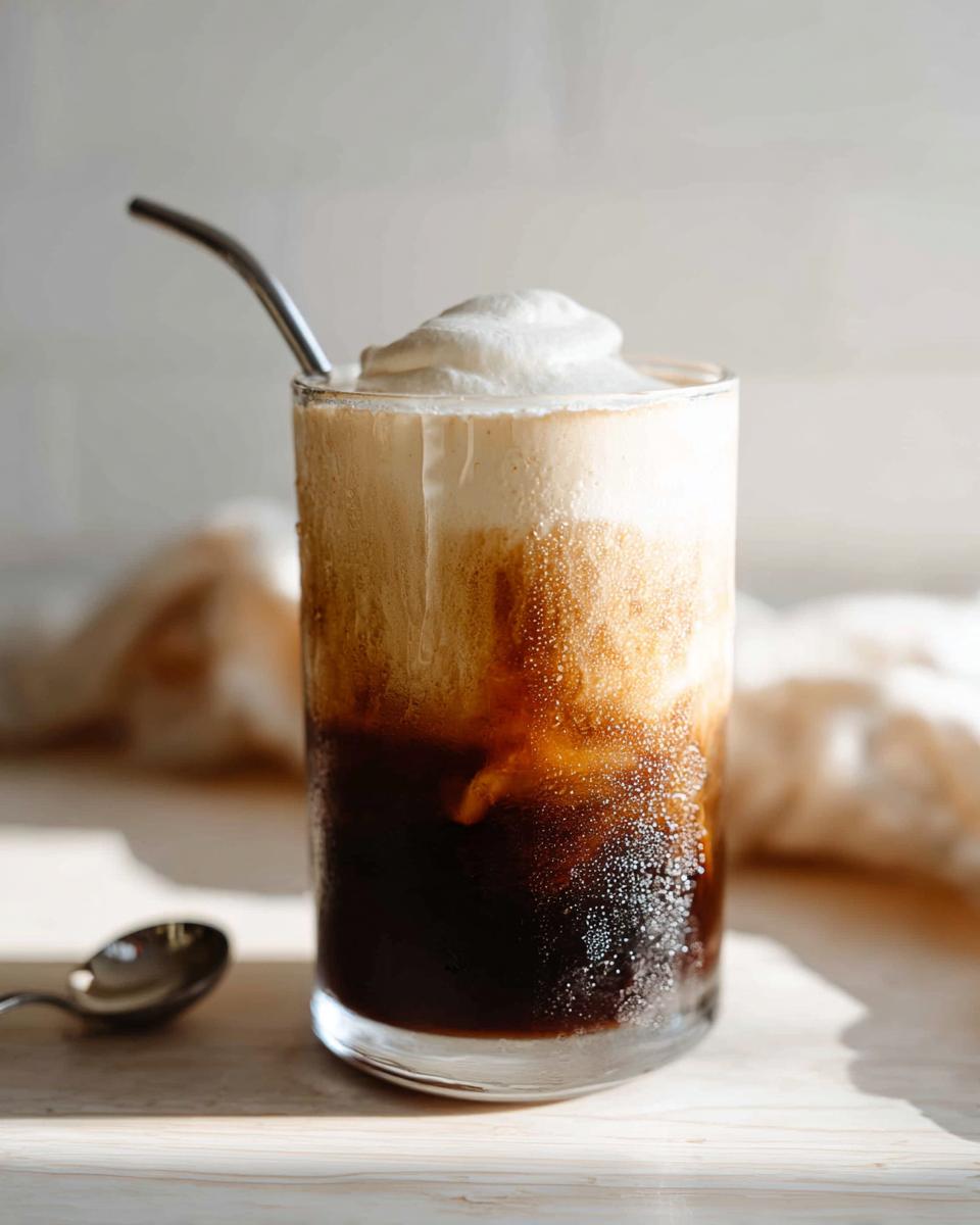 A tall glass of Vanilla Sweet Cream Cold Foam Cold Brew showing distinct layers of dark cold brew and creamy foam.