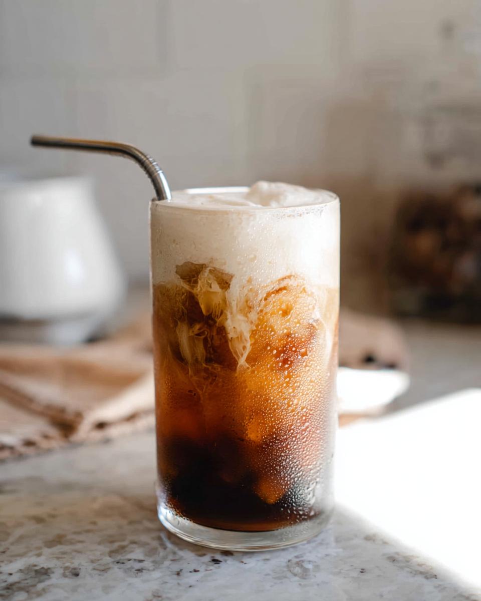 A tall glass of Vanilla Sweet Cream Cold Foam Cold Brew with ice, showing the foam mixing into the dark coffee.