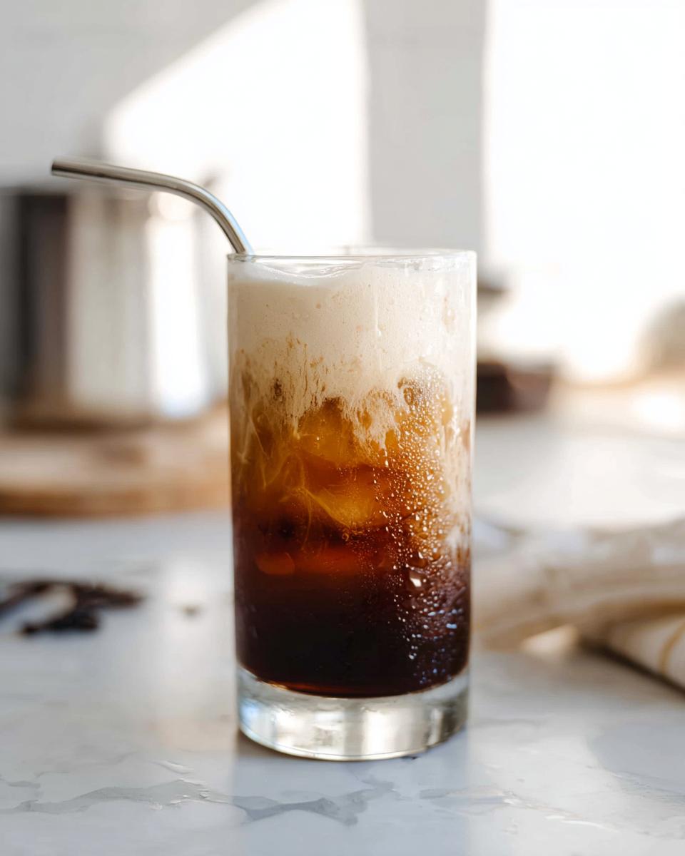 A tall glass of Vanilla Sweet Cream Cold Foam Cold Brew with ice and a metal straw, showing condensation.