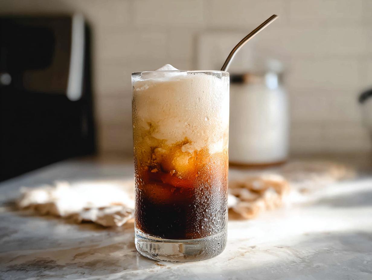 A tall, sweating glass filled with Vanilla Sweet Cream Cold Foam Cold Brew, showing distinct layers of dark coffee and light foam.