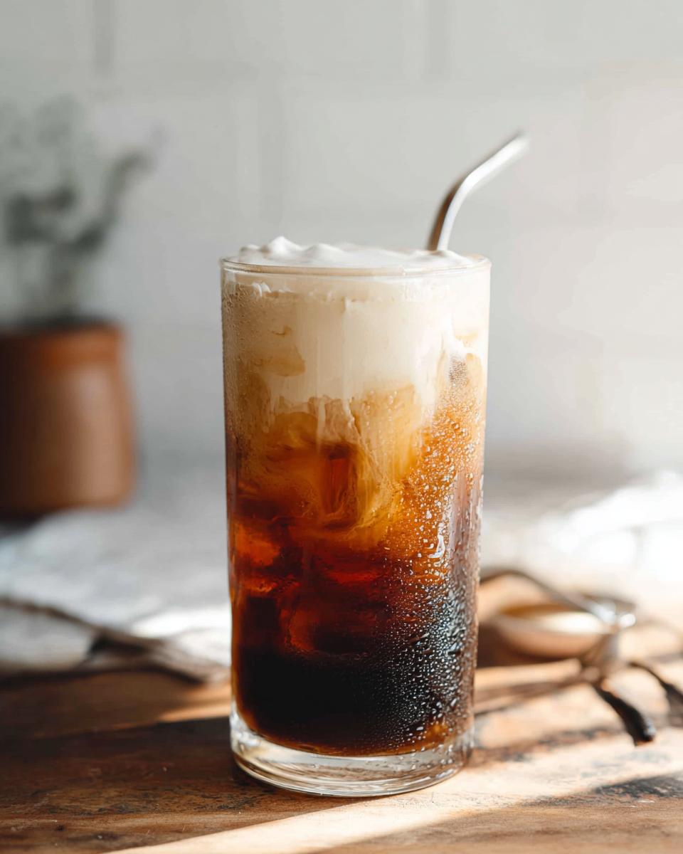 A tall glass of Vanilla Sweet Cream Cold Foam Cold Brew showing layers of dark coffee and creamy foam, with condensation on the glass.