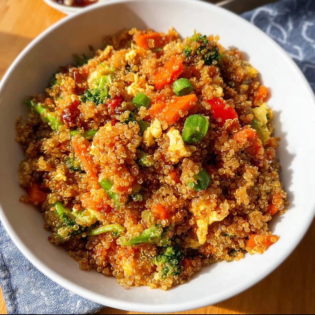 Close-up of a white bowl filled with colorful Vegetable Quinoa Fried Rice, featuring carrots, broccoli, and egg.