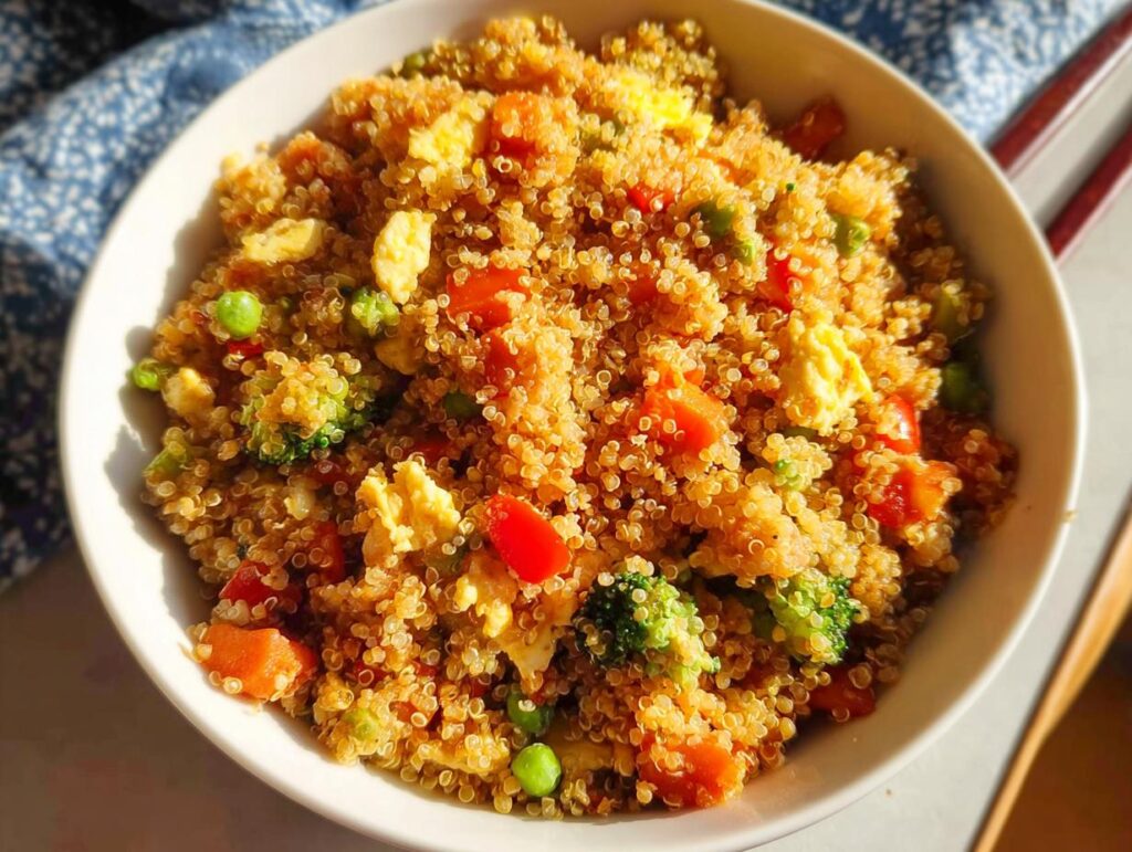 Close-up overhead shot of a white bowl filled with savory Vegetable Quinoa Fried Rice, mixed with scrambled egg, broccoli, carrots, and peas.