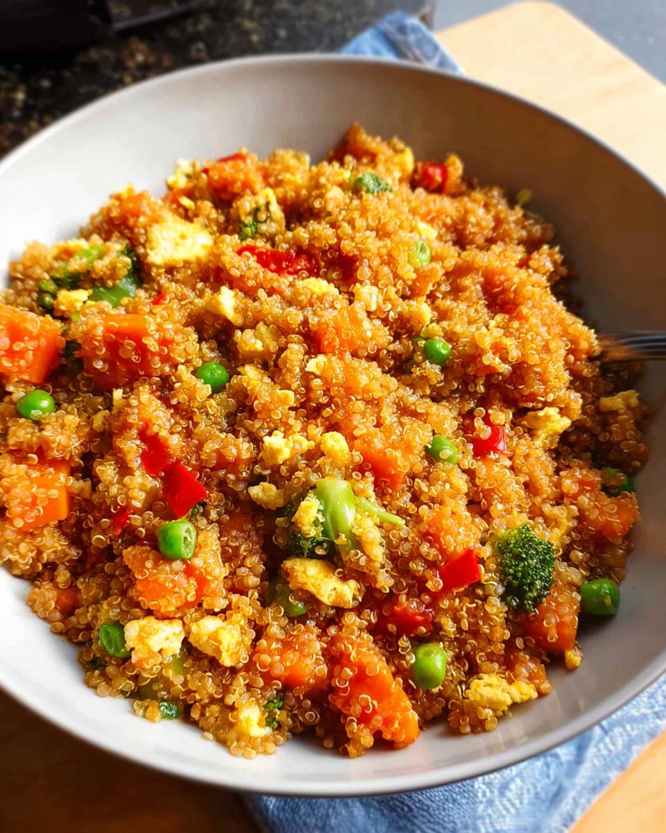 Close-up of a bowl filled with colorful Vegetable Quinoa Fried Rice, featuring quinoa, carrots, peas, broccoli, and scrambled egg.