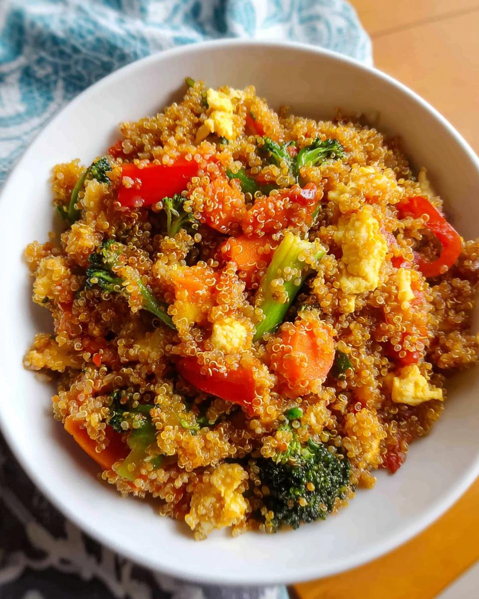 Close-up of a white bowl filled with colorful Vegetable Quinoa Fried Rice, mixed with broccoli, carrots, red peppers, and scrambled egg pieces.