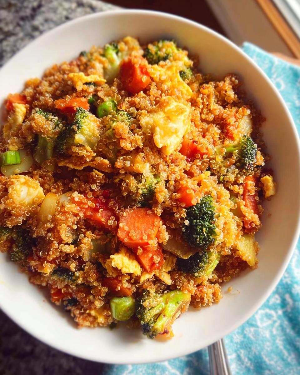 Close-up of a white bowl filled with colorful Vegetable Quinoa Fried Rice, featuring broccoli, carrots, and scrambled egg pieces.