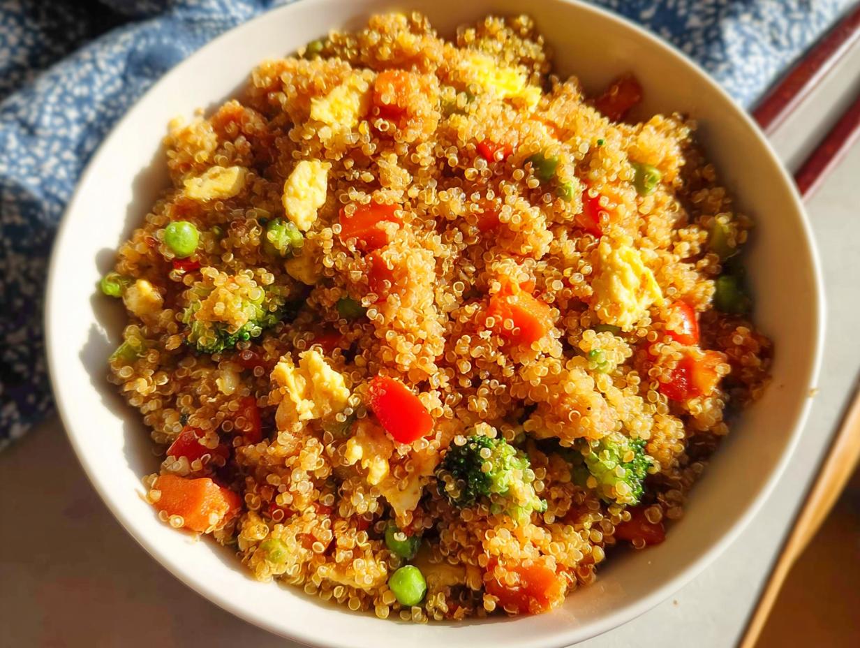 Close-up overhead shot of a white bowl filled with savory Vegetable Quinoa Fried Rice, mixed with scrambled egg, broccoli, carrots, and peas.
