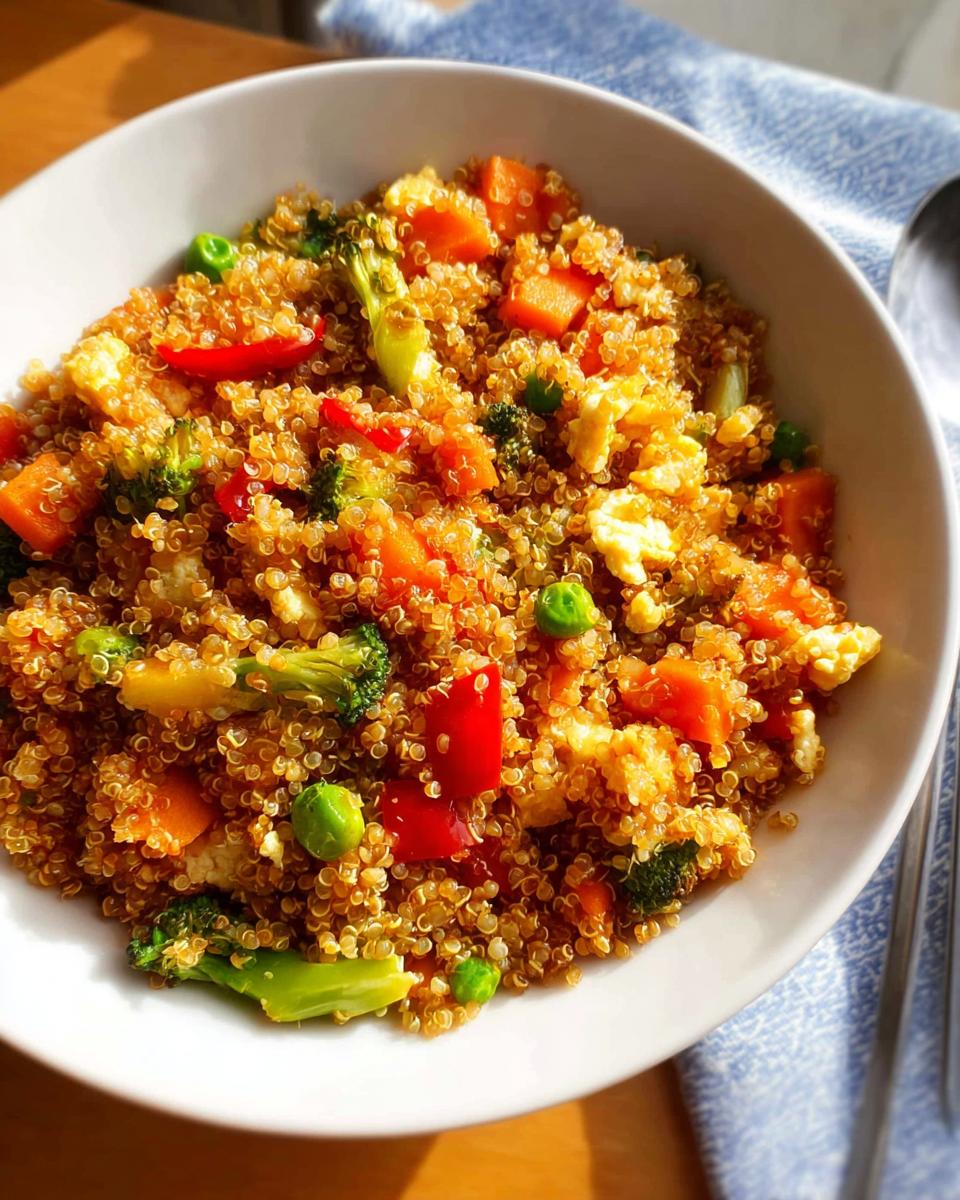 A vibrant bowl of Vegetable Quinoa Fried Rice mixed with broccoli, carrots, peas, and scrambled egg pieces.