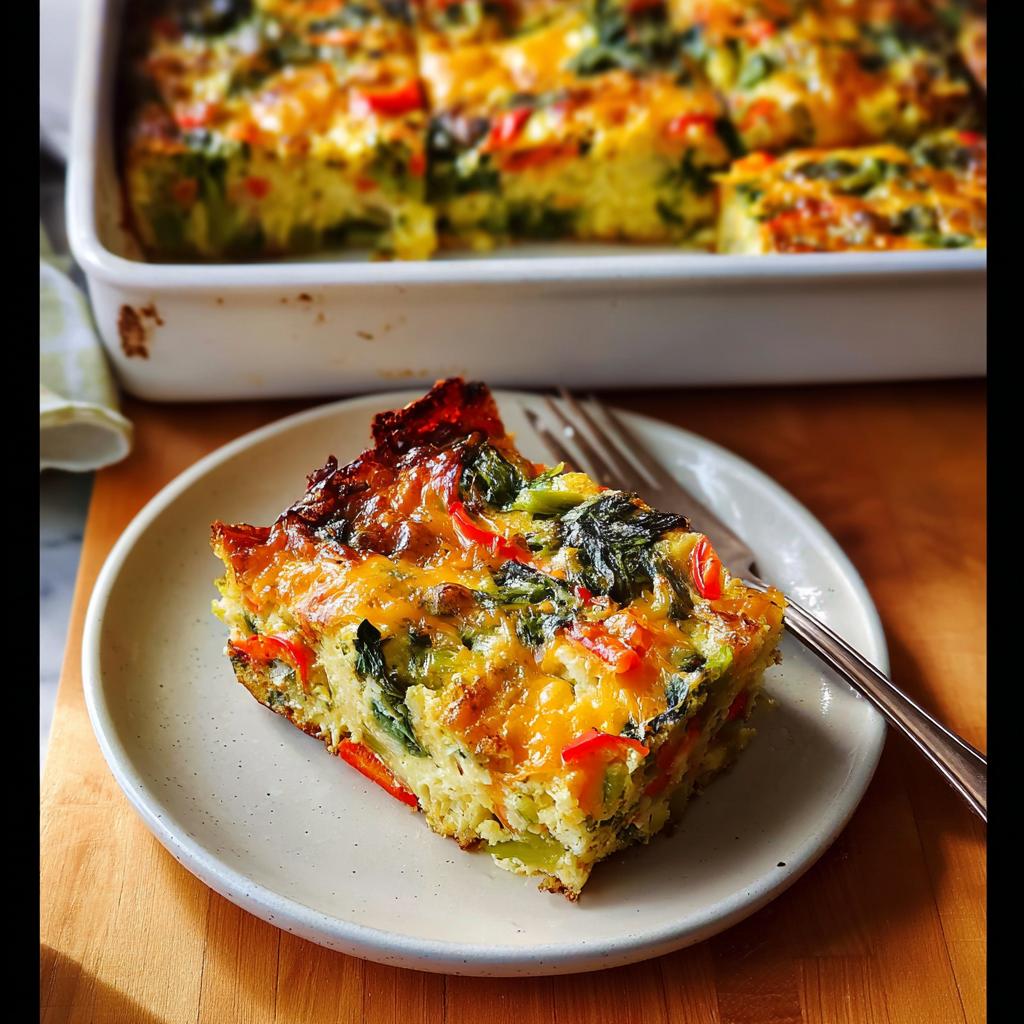 A square slice of Veggie Breakfast Casserole featuring spinach, red peppers, and melted cheese on a plate.