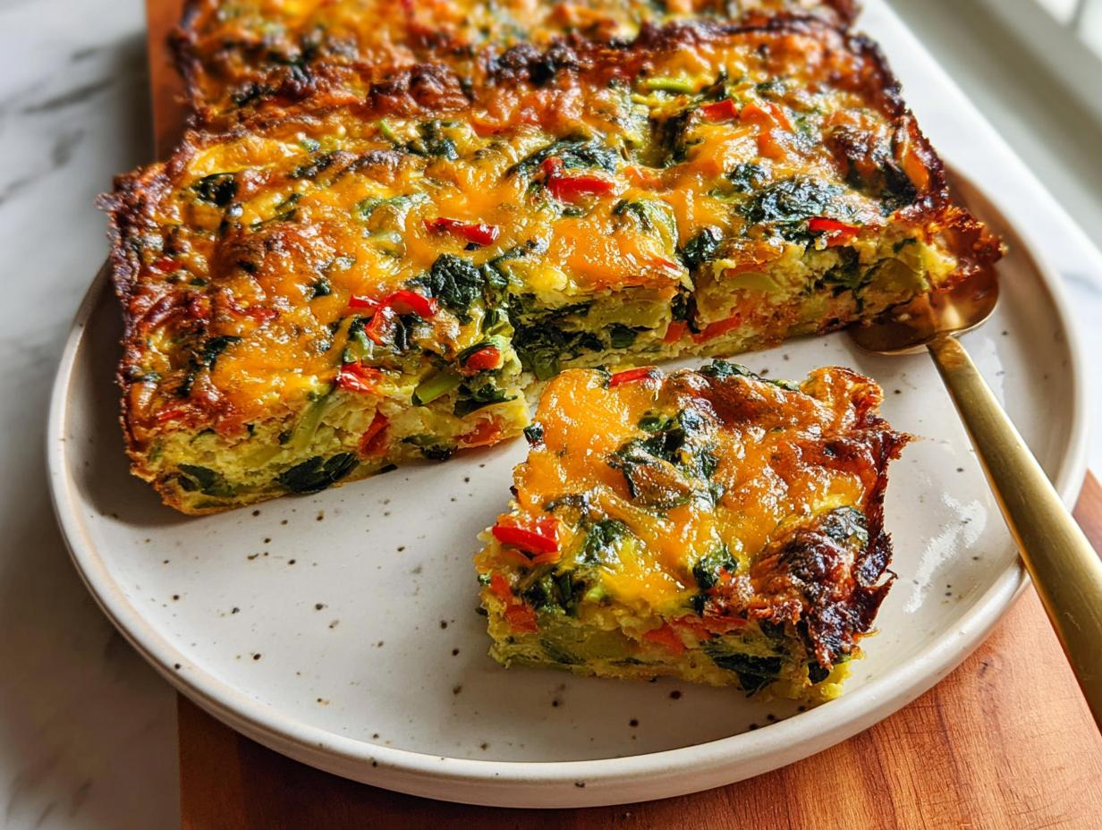 A square slice of baked Veggie Breakfast Casserole (Spinach, Pepper, Onion) with a golden, cheesy top, served on a speckled plate.