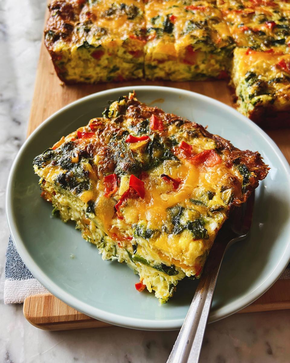 A thick slice of Veggie Breakfast Casserole with spinach and red peppers, topped with melted cheese, served on a light blue plate.