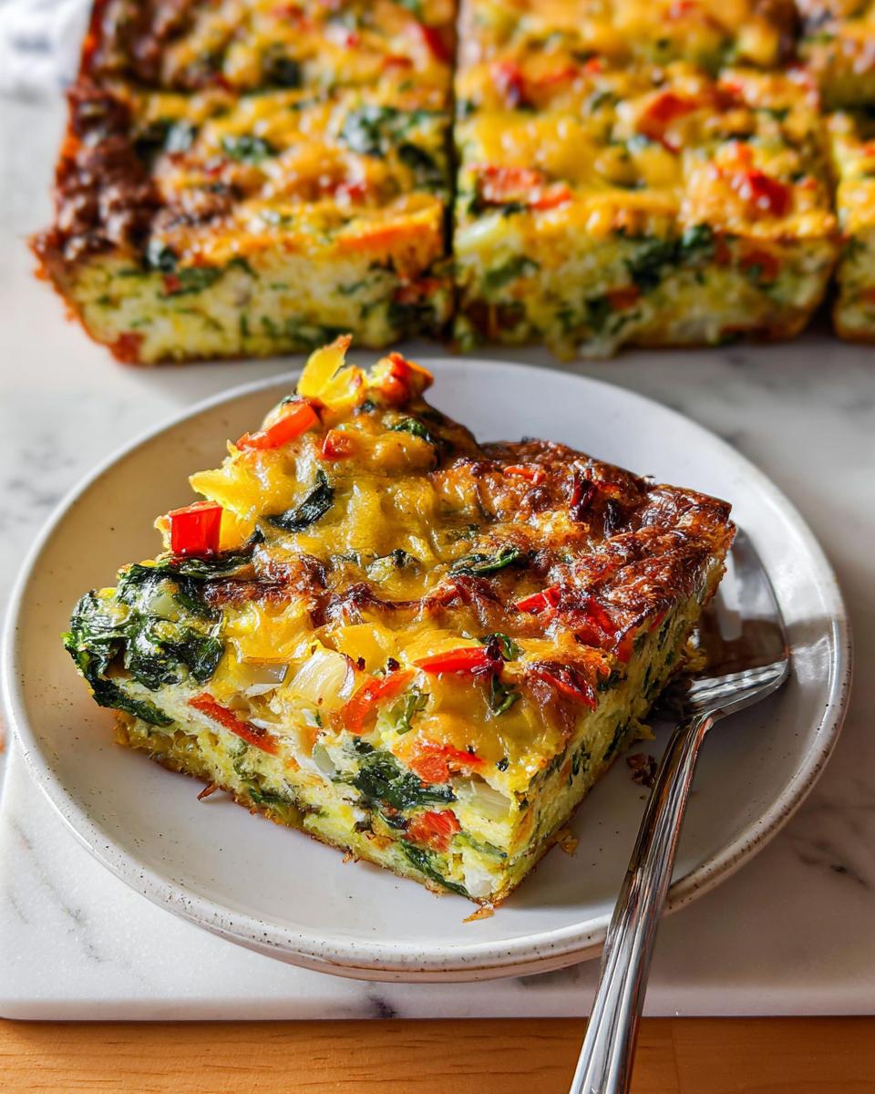 A square slice of Veggie Breakfast Casserole featuring spinach, red peppers, and onion, topped with melted cheese.