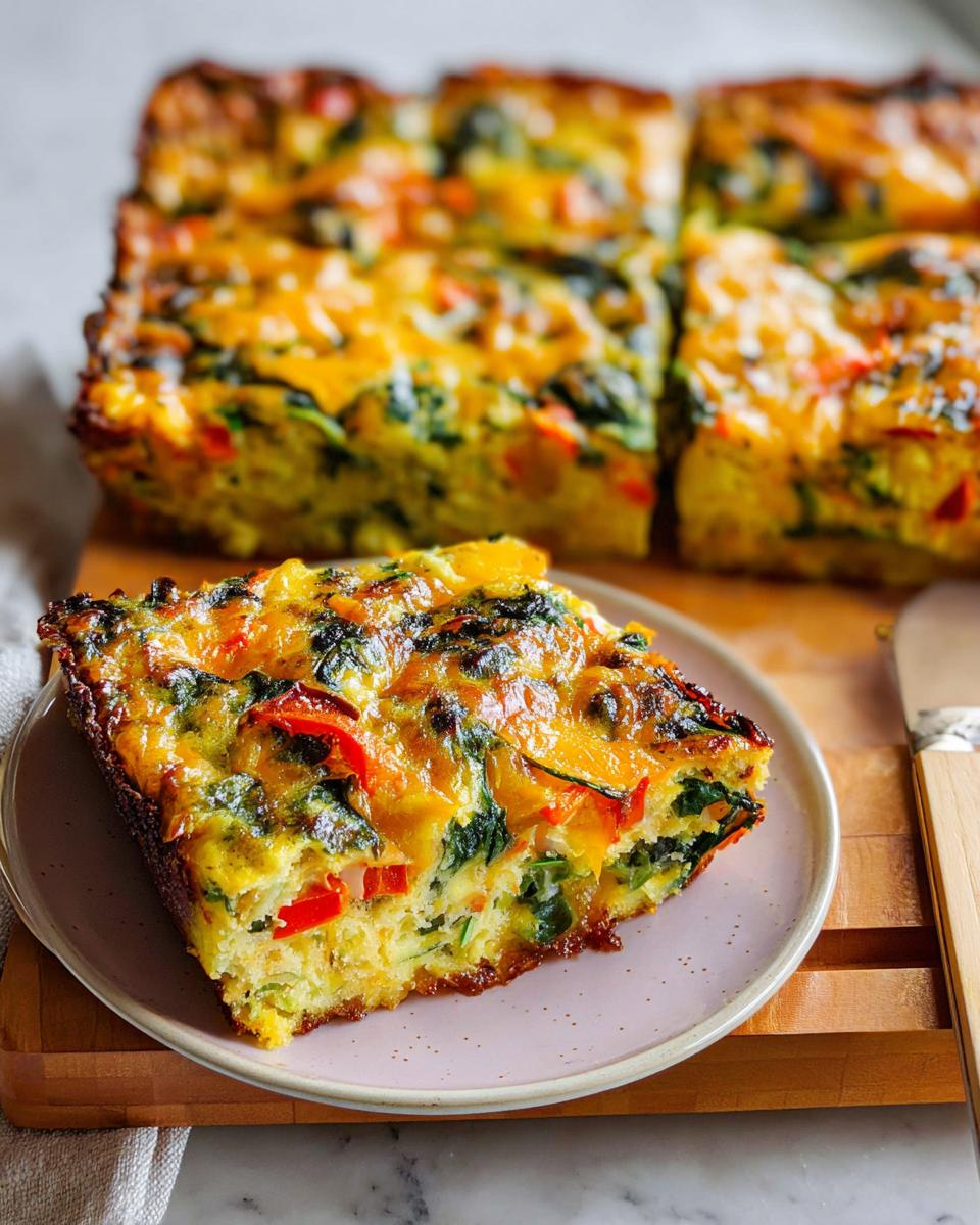 A hearty slice of Veggie Breakfast Casserole featuring spinach, red peppers, and melted cheese on a small plate.
