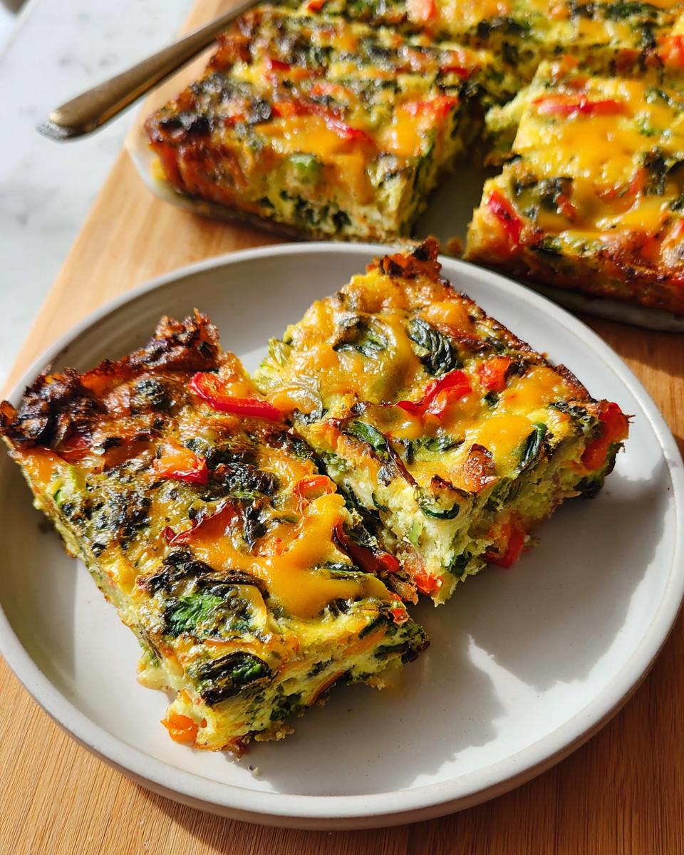 Two slices of baked Veggie Breakfast Casserole with spinach, peppers, and melted cheese served on a white plate.