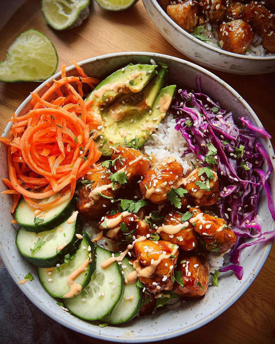 Close-up of a colorful Bang Bang Chicken Bowl featuring glazed chicken, rice, avocado, carrots, and red cabbage.