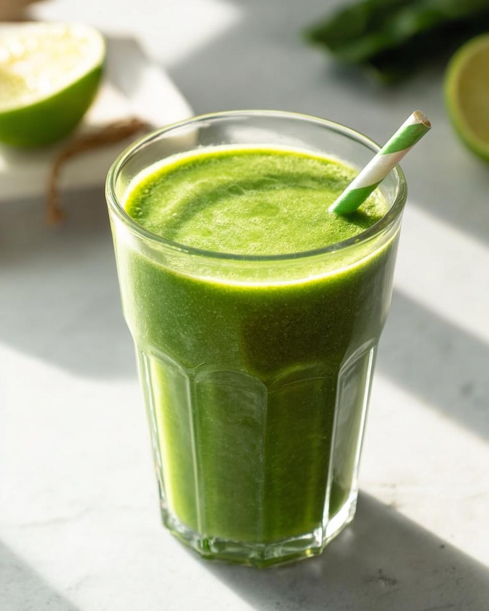 Close-up of a vibrant Green Detox Smoothie in a faceted glass with a striped straw, with lime halves visible in the background.
